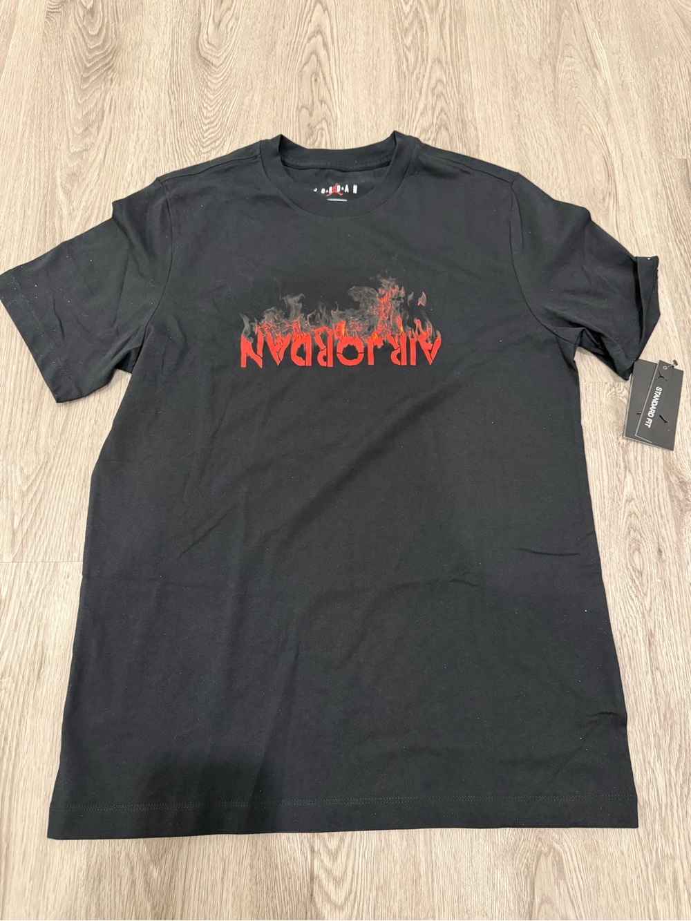 Air Jordan Black Short Sleeve Tee with Red Flame Graphic